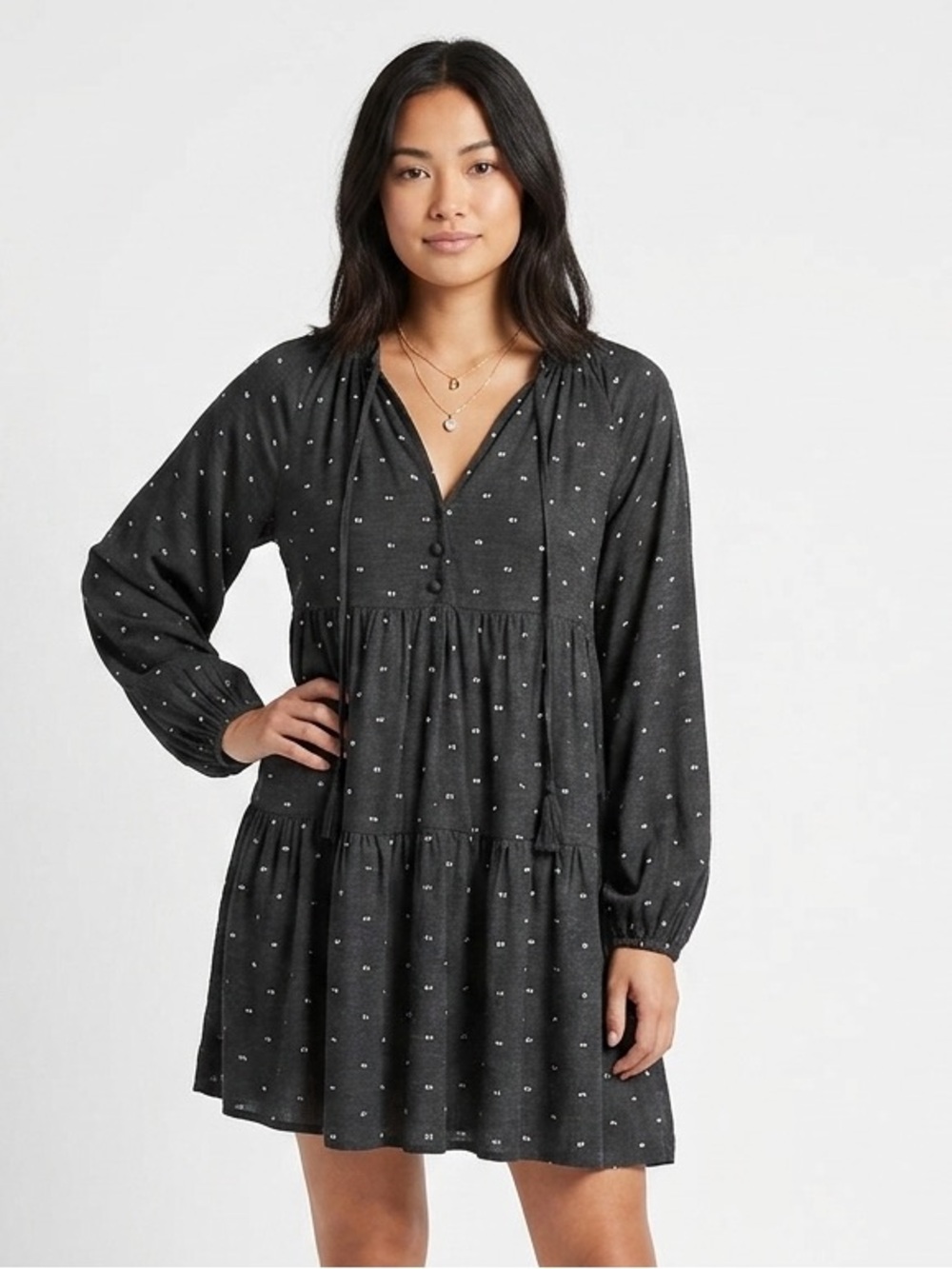 ZARA Black Swiss Dot Tiered Babydoll Mini Dress Size M Long Sleeve Boho